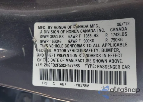 2012 Honda Civic Lx from USA, damaged, VIN 2HGFB2F50CH577986